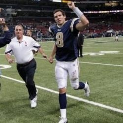 St. Louis Rams quarterback Sam Bradford (8) watches a replay after